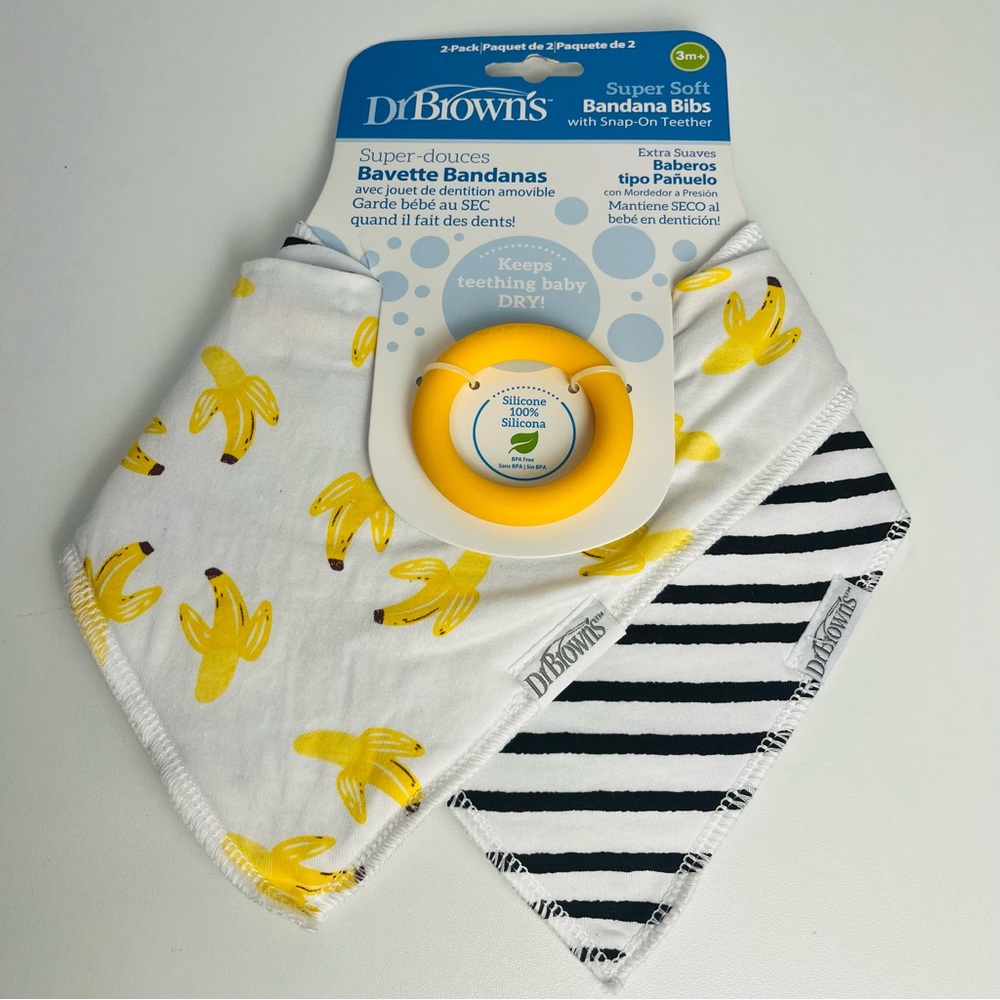 Banana and Stripe Bandana Bibs with teether, Dr. Brown's 2pk NEW
